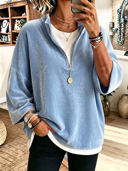 Women's Solid Color Stand Collar 3/4 Sleeve Casual Loose Velvet Pullover Top