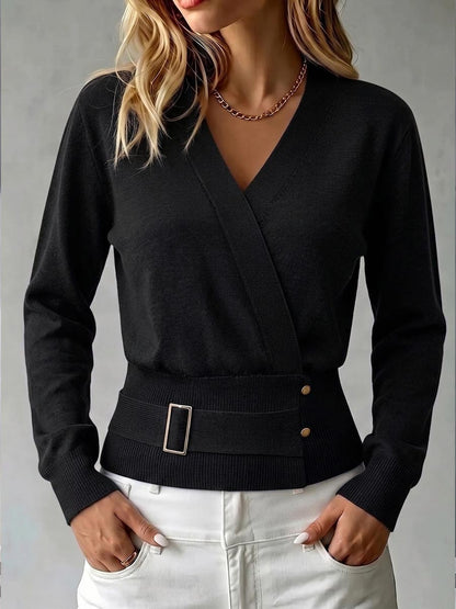 Women's Solid Color V-neck Long Sleeve Casual Loose Knit Top